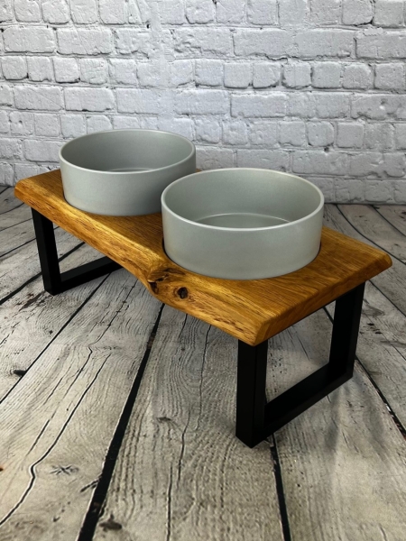 Design Futterstation mit Keramik Npfen fr groe Hunde - Modell 10 - Npfe  grau
